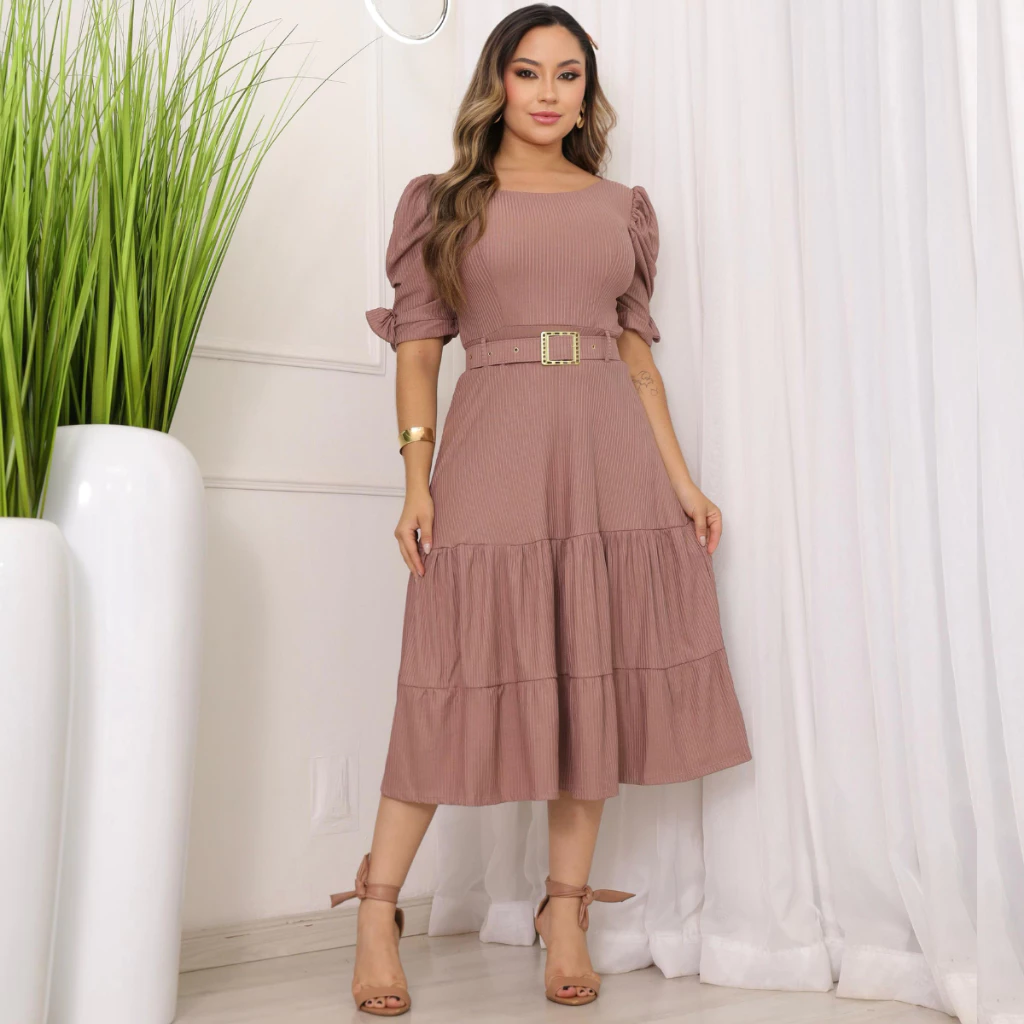 Vestido Godê Malha Canelada 3 Marias Feminino Evangélico - Imagem 8